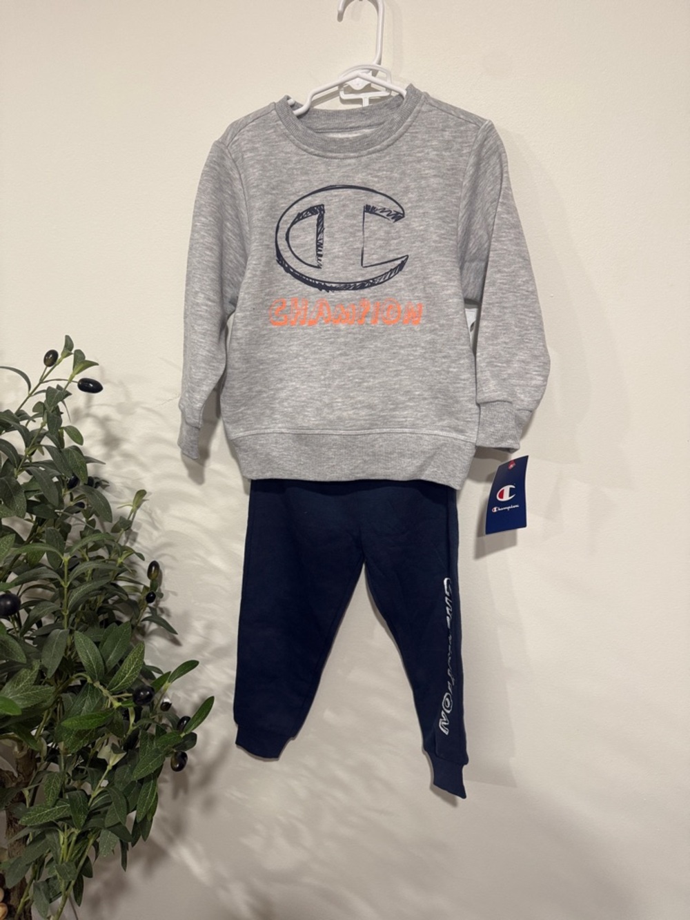 Champion Grey Sweatshirt & Navy Joggers Set with Orange Accent